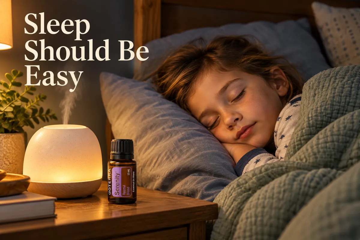 doTERRA Serenity bottle on a warm bedside table