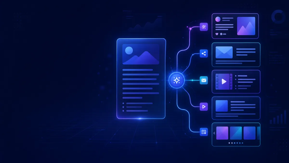 One long-form content asset branching through LeadMagicX AI into five repurposed marketing content formats.