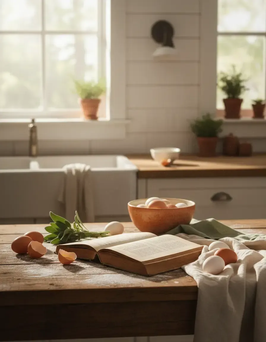 A warm, natural light photograph of a kitchen counter with fresh ingredients and vintage linen