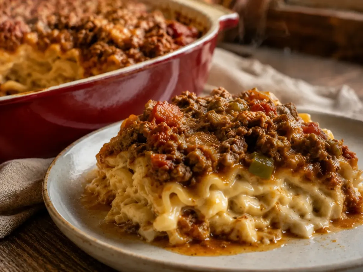 Homemade Creamy Layered Beef and Noodle Bake