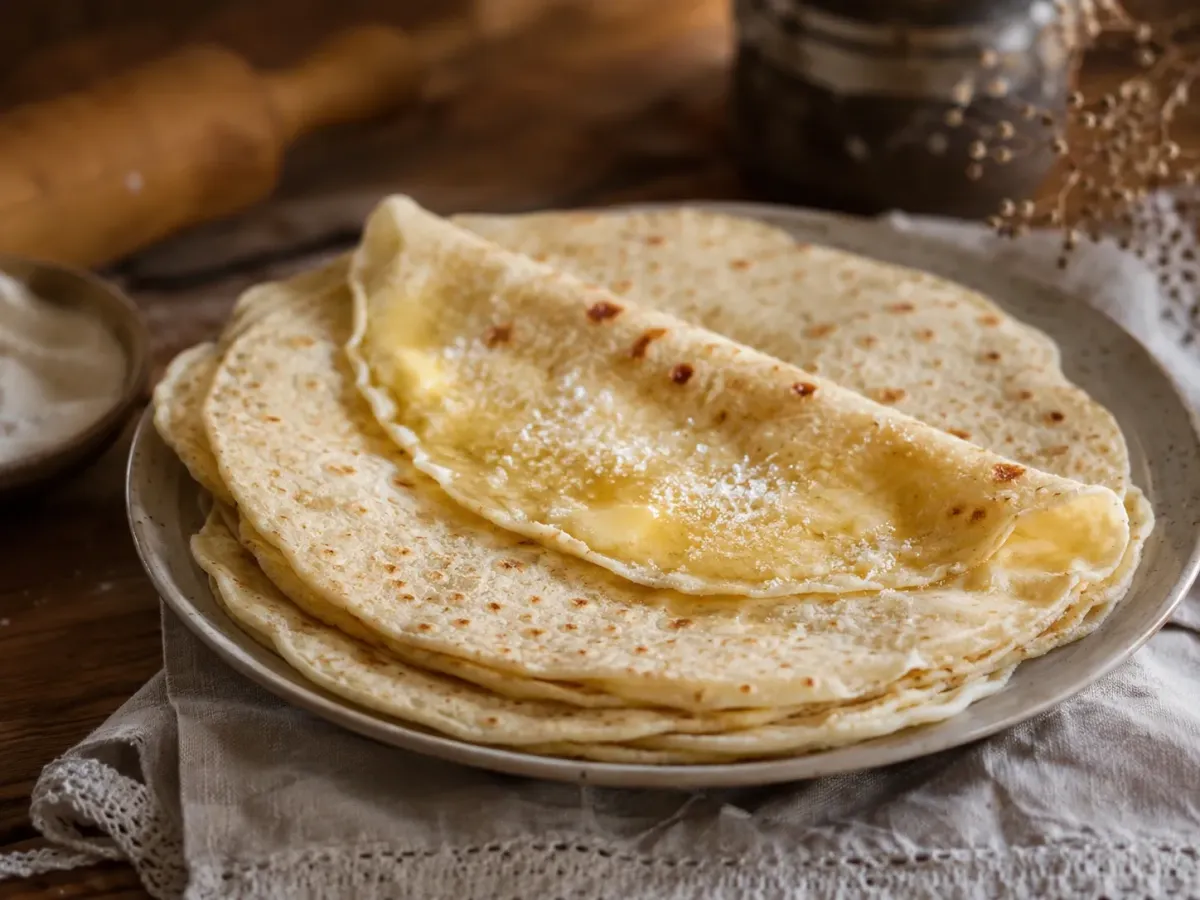 Lefse with butter and sugar on a warm plate