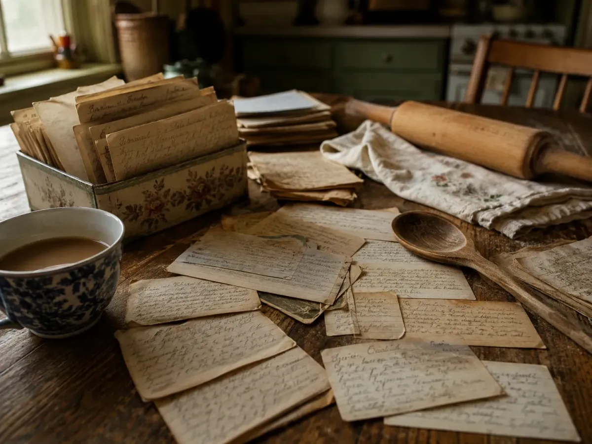 Stack of handwritten recipe notes and cards on a kitchen table