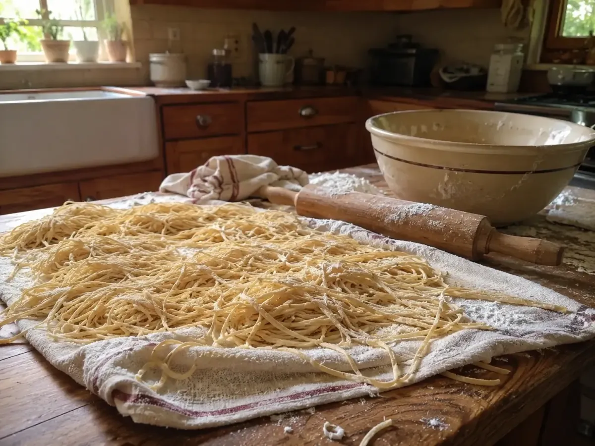 Homemade noodles drying on a kitchen cabinet door