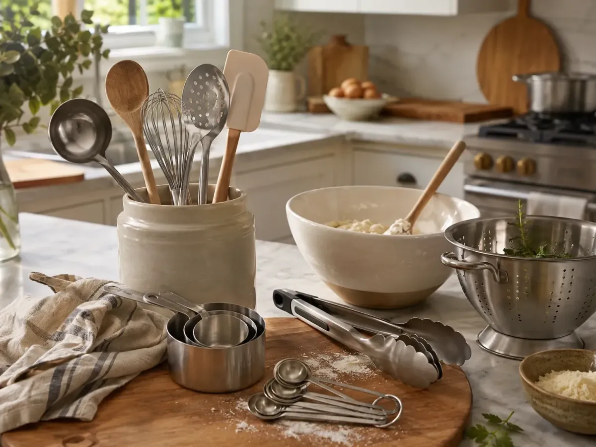 Ladles, wooden spoons, whisks, tongs, and measuring tools on a warm kitchen counter