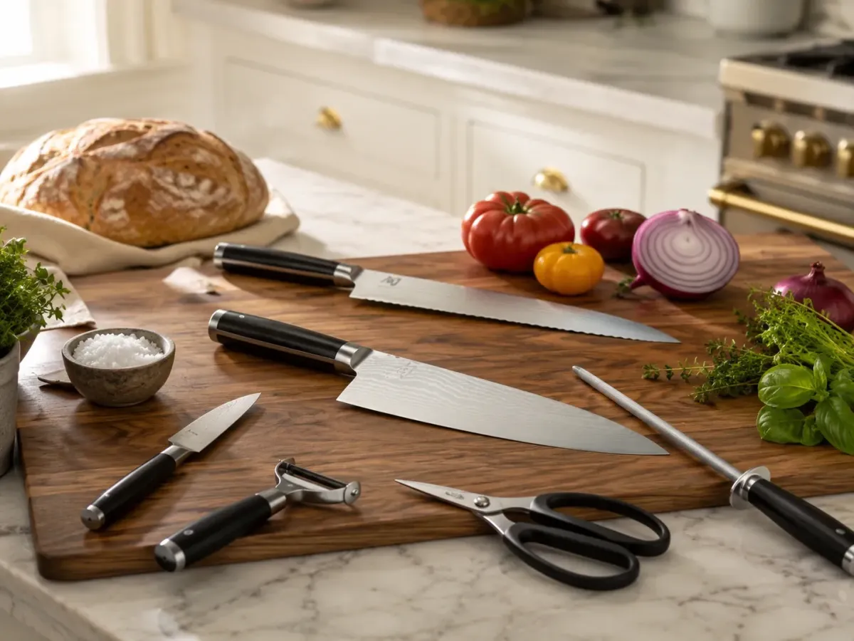 Japanese-style chef’s knife with kitchen cutting tools on a wooden board in a bright home kitchen