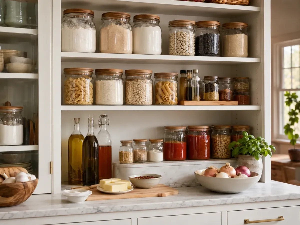 Organized pantry shelves with flour, pasta, oils, spices, beans, and clean pantry staples