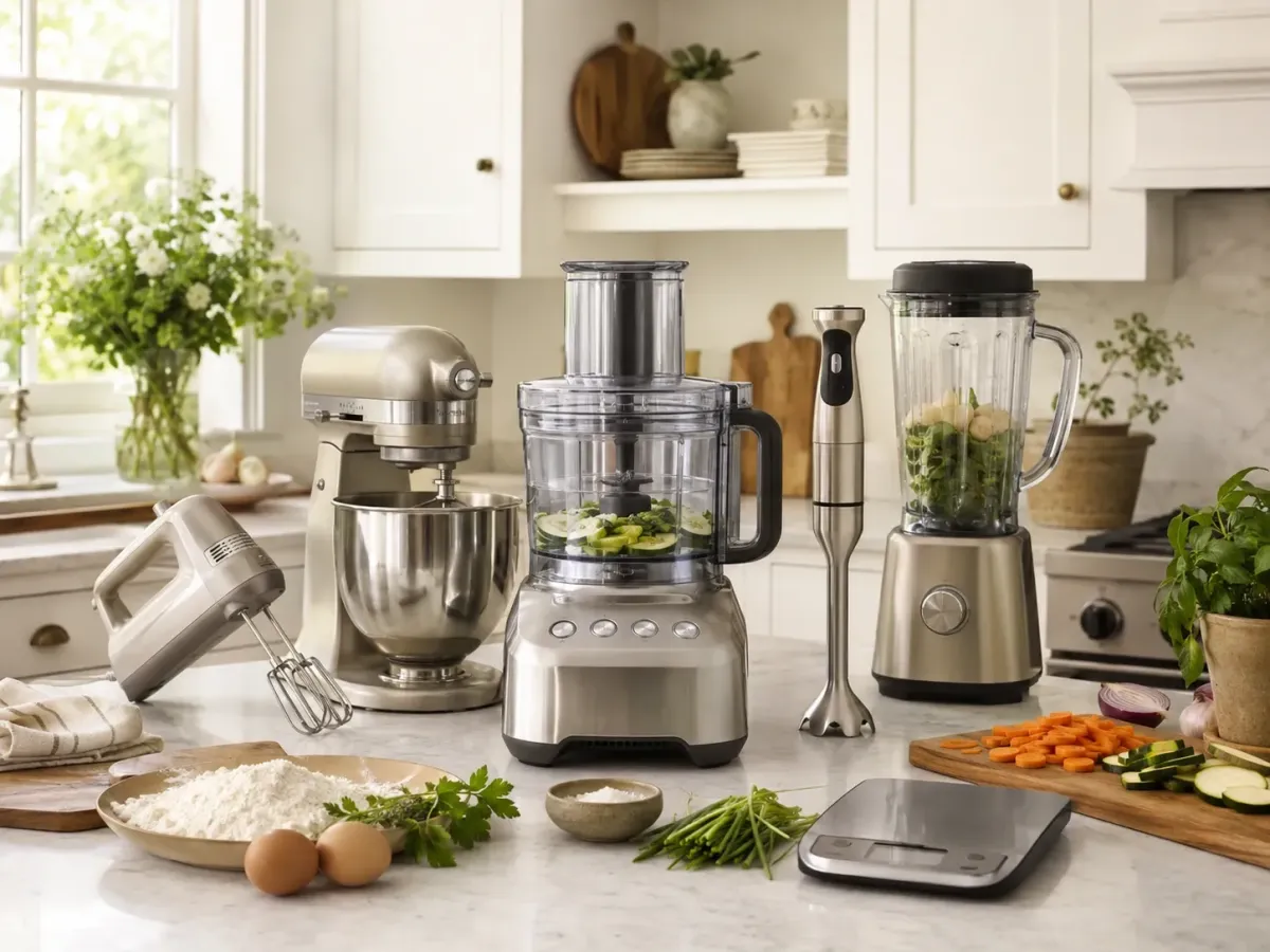 Breville Food processor, stand mixer, blender, hand mixer, and kitchen scale on a bright kitchen counter