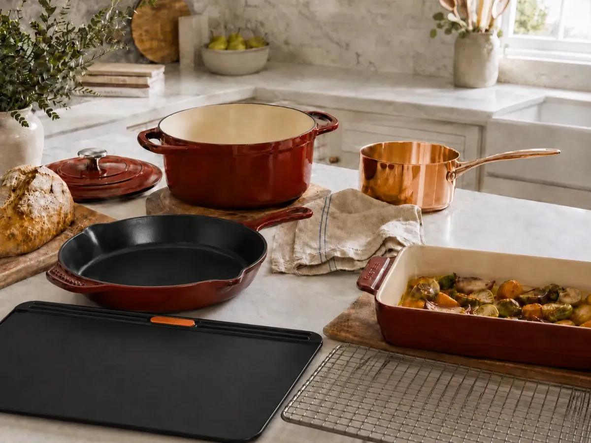 Red le cruset Dutch oven, cast iron skillet, baking dish, and cookware on a marble kitchen counter
