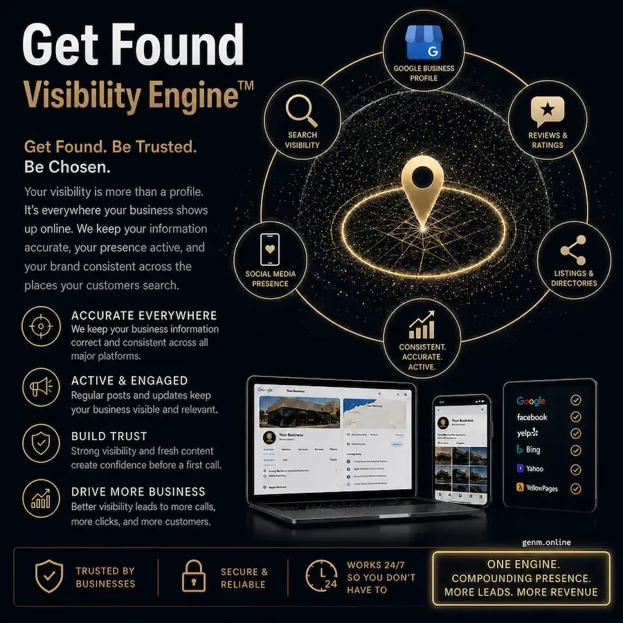 GenM Online Visibility Engine™ helping businesses improve Google visibility, reviews, reputation, and local search performance.