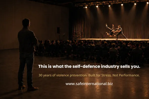 A satirical self-defence poster showing a woman kneeing an attacker in a dark alley with fine print disclaimers — used to illustrate how the self-defence industry prioritises performance over practical violence prevention.