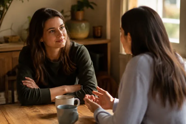 Two women having a calm and supportive conversation about personal safety