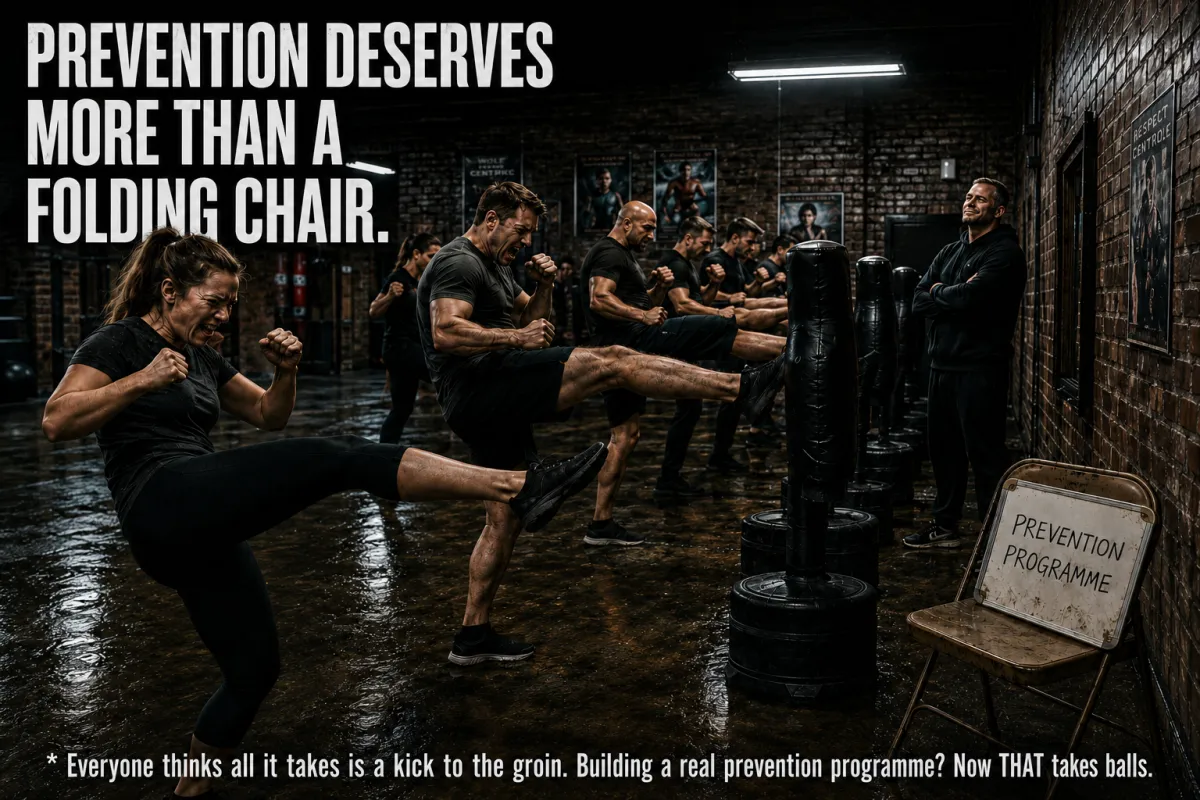 Self-defence class with students kicking while a prevention program sign sits forgotten on a folding chair in the corner