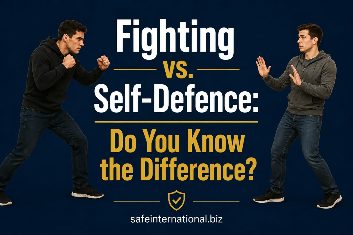 Two men facing each other -- one in an aggressive fighting stance with fists raised, the other stepping back with open hands in a defensive posture. Text reads: Fighting vs. Self-Defence: Do You Know the Difference? safeinternational.biz