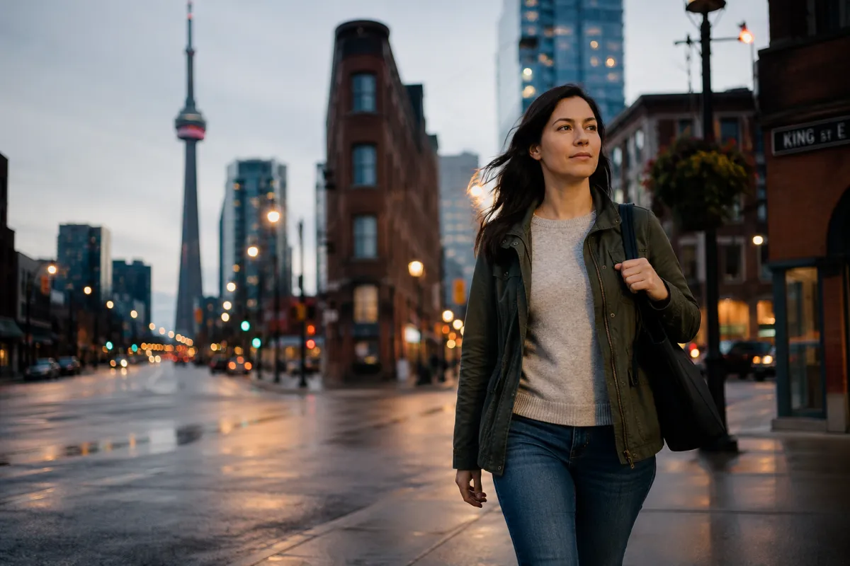 Woman walking confidently through downtown Toronto at dusk, aware of her surroundings, representing prevention-first self-defence