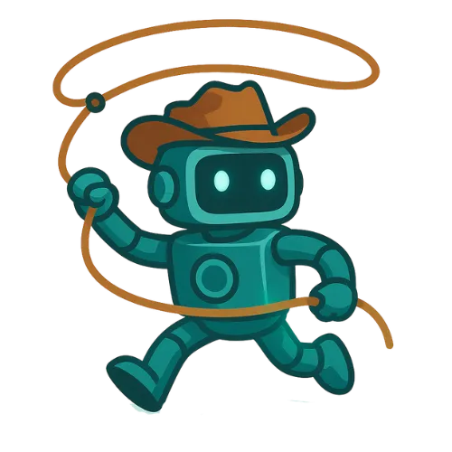 Cartoon robot in a cowboy hat lassoing, representing Kavalo's AI Ranch Hand™ service for equestrian businesses.