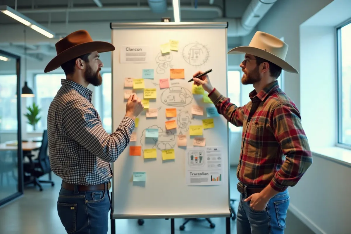 Two men in cowboy hats collaborating on a project board, discussing sticky notes and diagrams related to equine marketing strategies in a modern office setting.