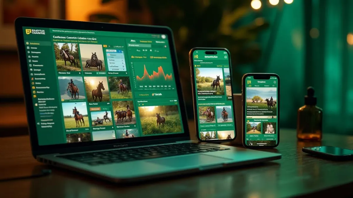 Laptop and mobile devices displaying Kavalo's marketing platform for the equine industry, featuring horse images, analytics graphs, and user interface elements.