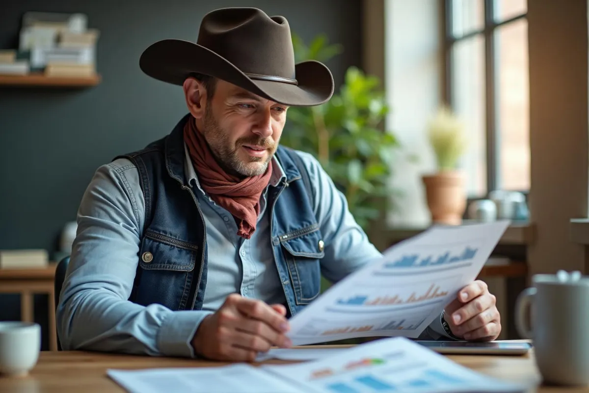 Man in cowboy hat reviewing marketing analytics reports in a modern workspace, highlighting insights for equine business growth.