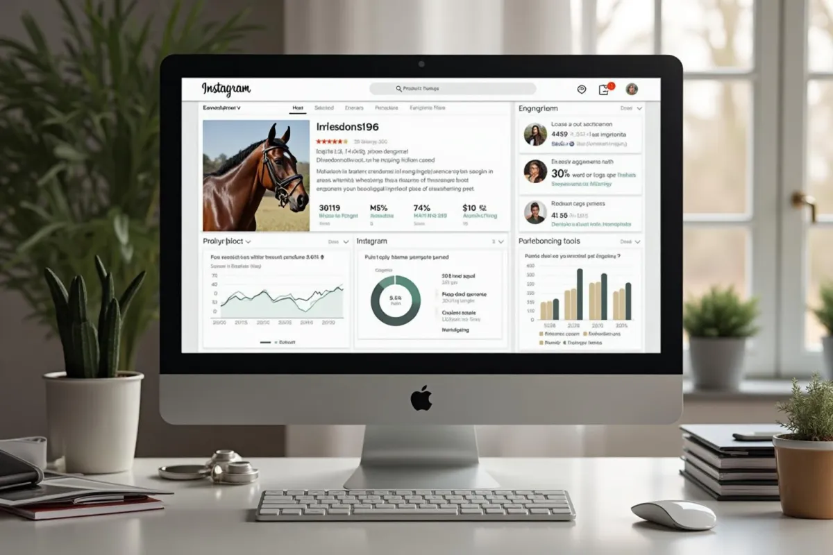 Computer screen displaying an Instagram profile featuring a horse, analytics dashboard, and engagement metrics, symbolizing social media strategies for equine businesses.