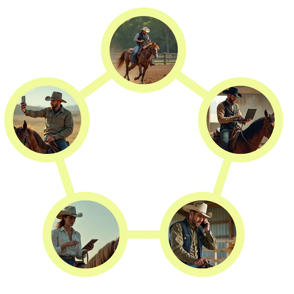 Cowboys using technology on horseback, including smartphones and laptops, illustrating the integration of digital solutions in the equine industry for business growth.