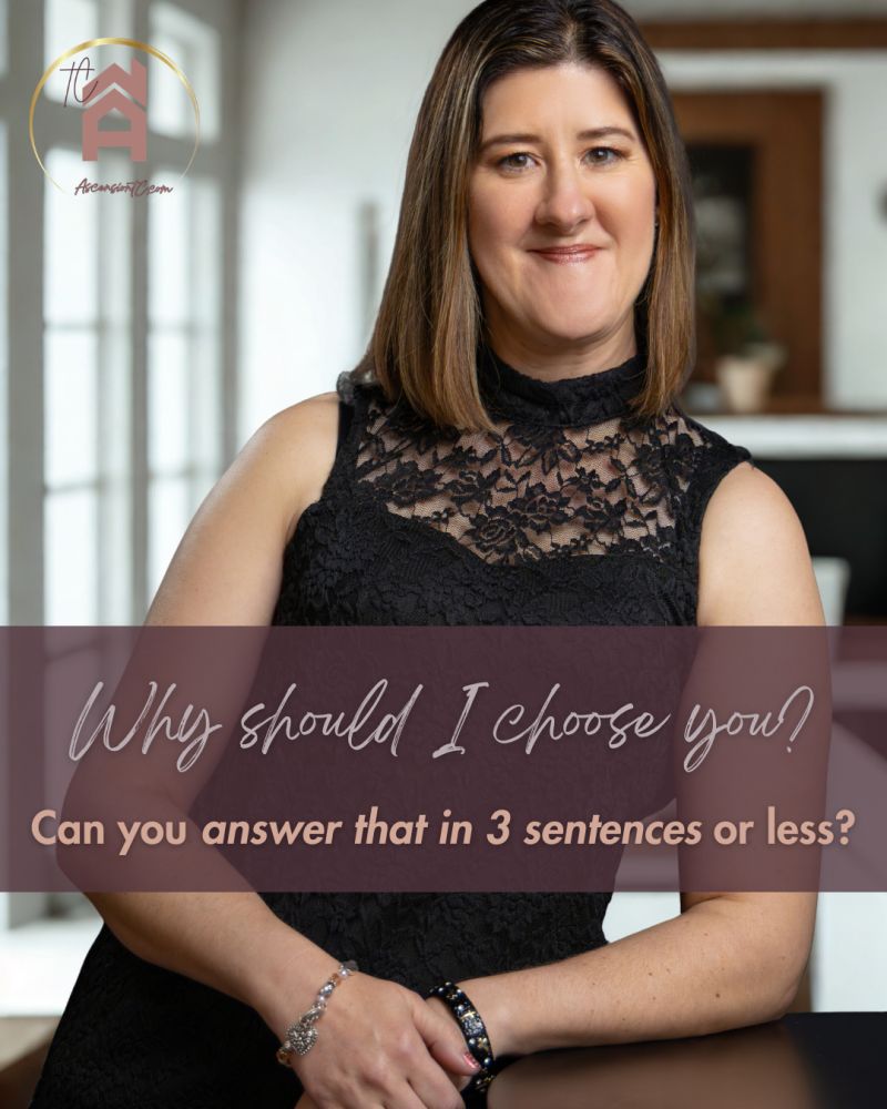 Real estate professional with text overlay asking why should I choose you, representing client communication and clarity as a service skill
