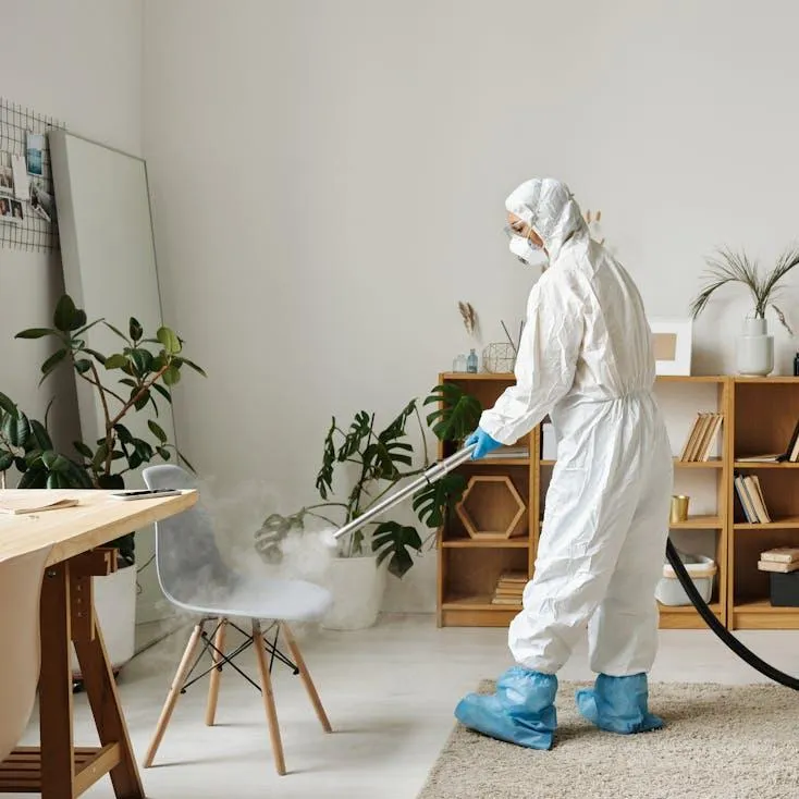 Deep cleaning in Christchurch home with cleaner in full protective suit using eco-friendly products