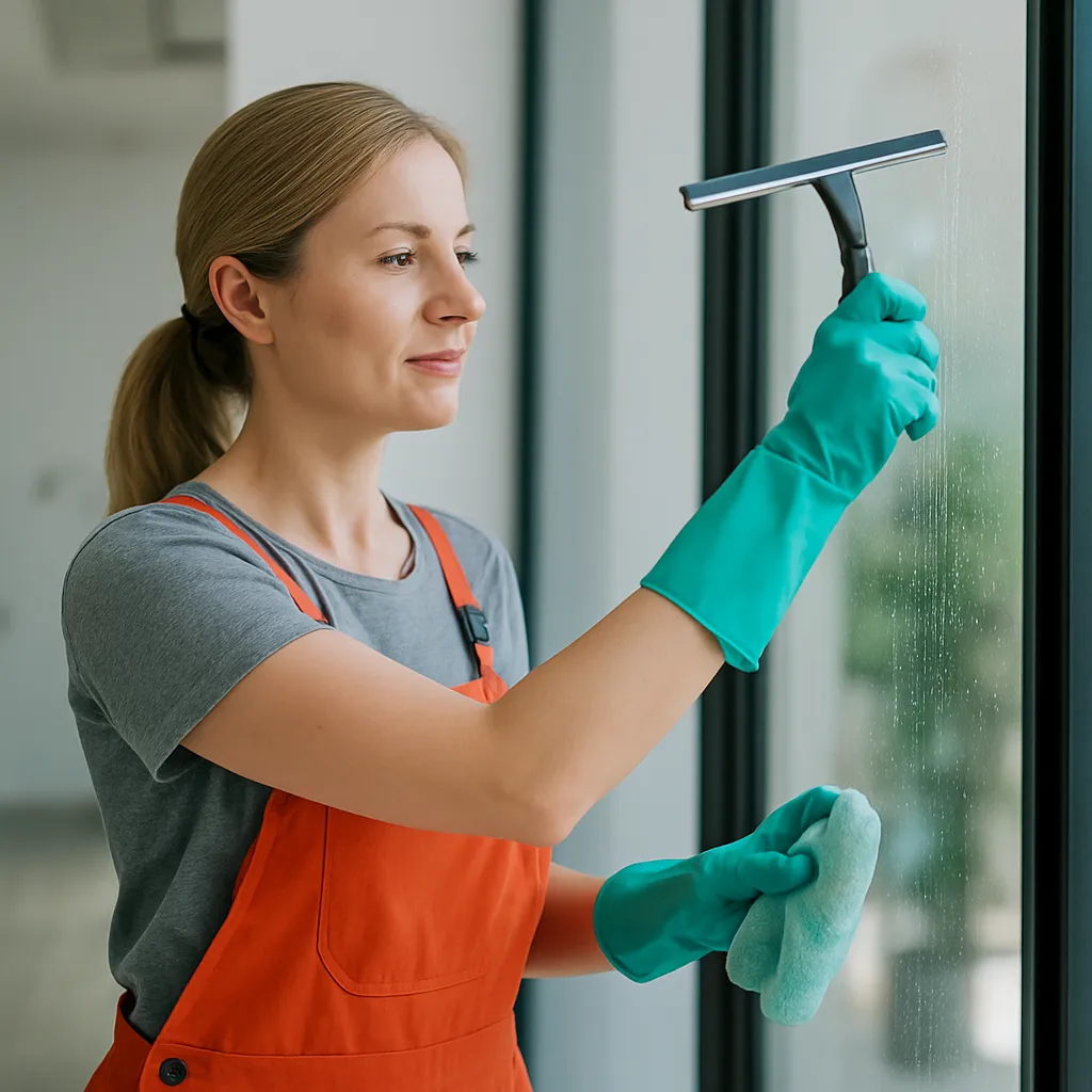 Window cleaning in Christchurch with expert cleaner polishing glass with streak-free results