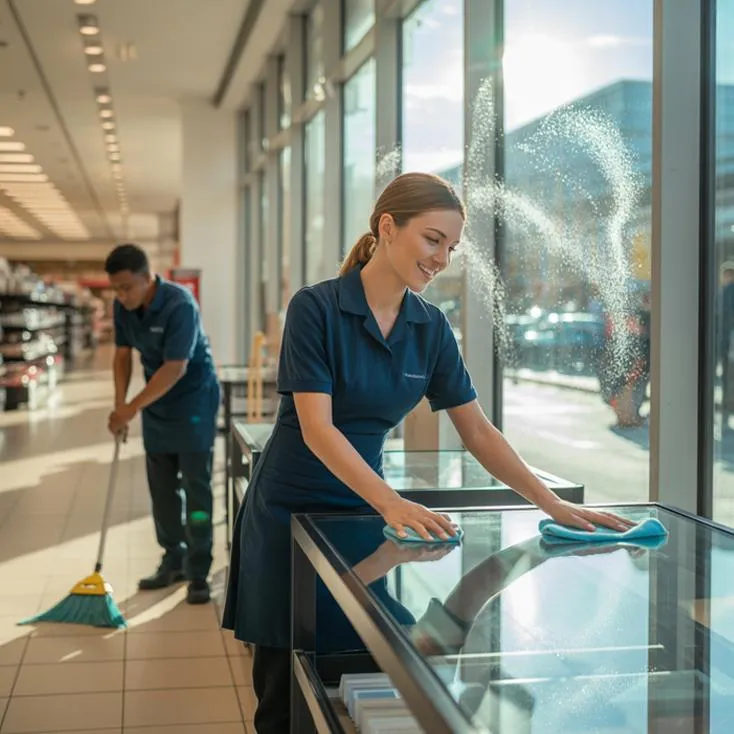 Office cleaner sanitising desk space as part of Christchurch commercial cleaning service