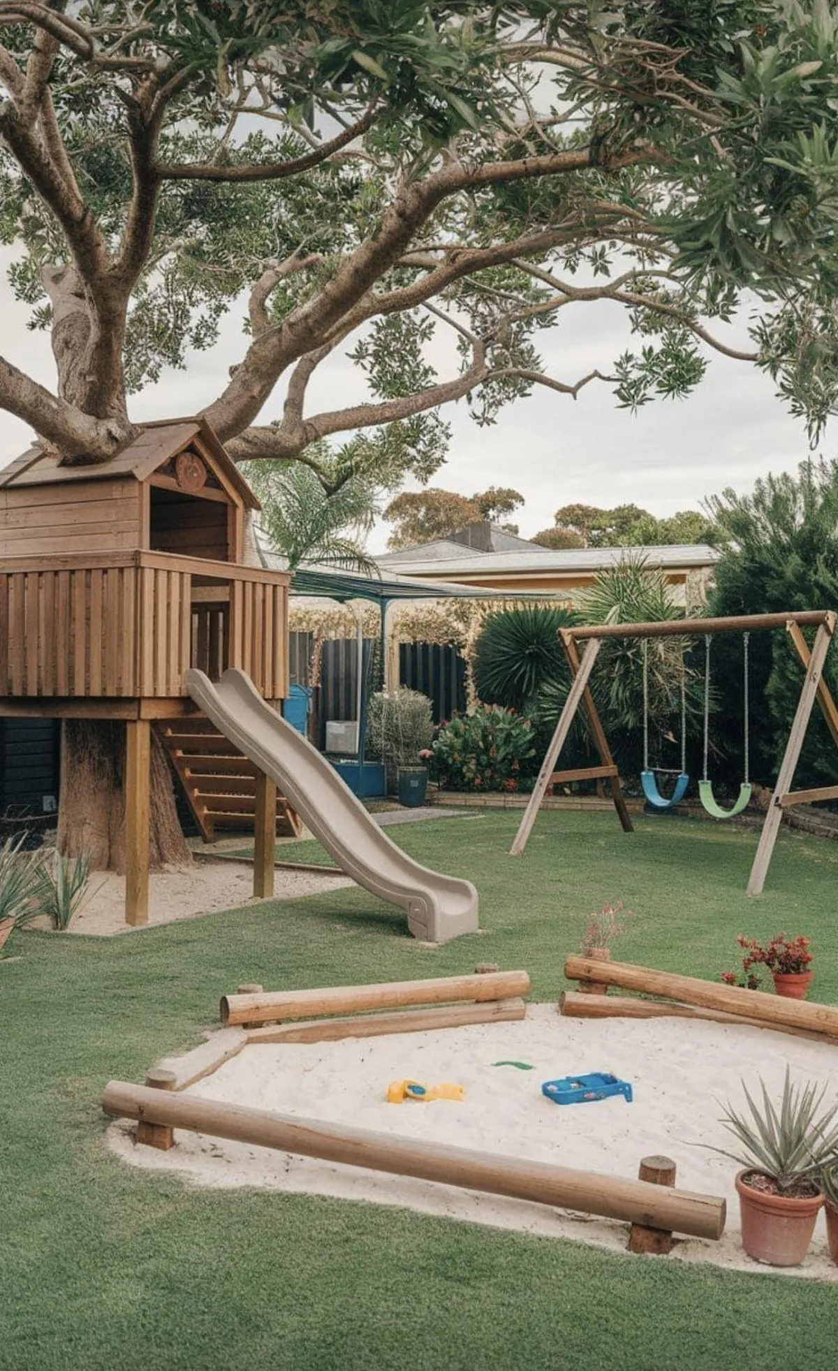 Backyard playground with treehouse, swings, slide, and sandbox on artificial turf in Encinitas, CA – designed by Timeless Design and Build