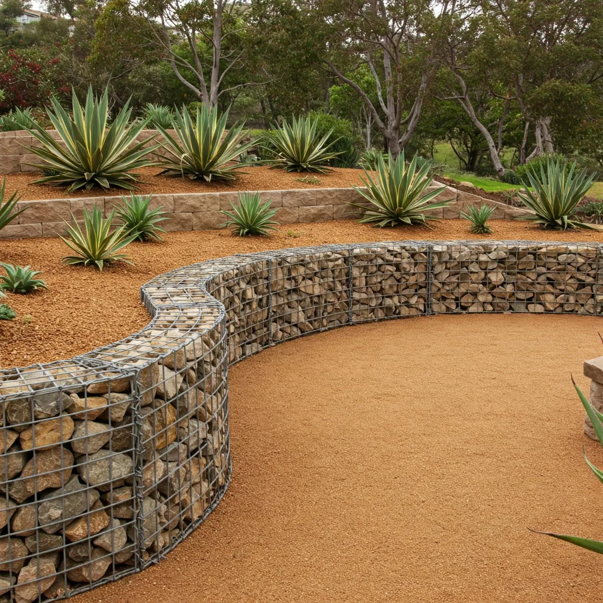 Natural stone retaining wall with drought-tolerant landscaping and native succulents – desert-inspired outdoor design by Timeless Design and Build in San Diego.