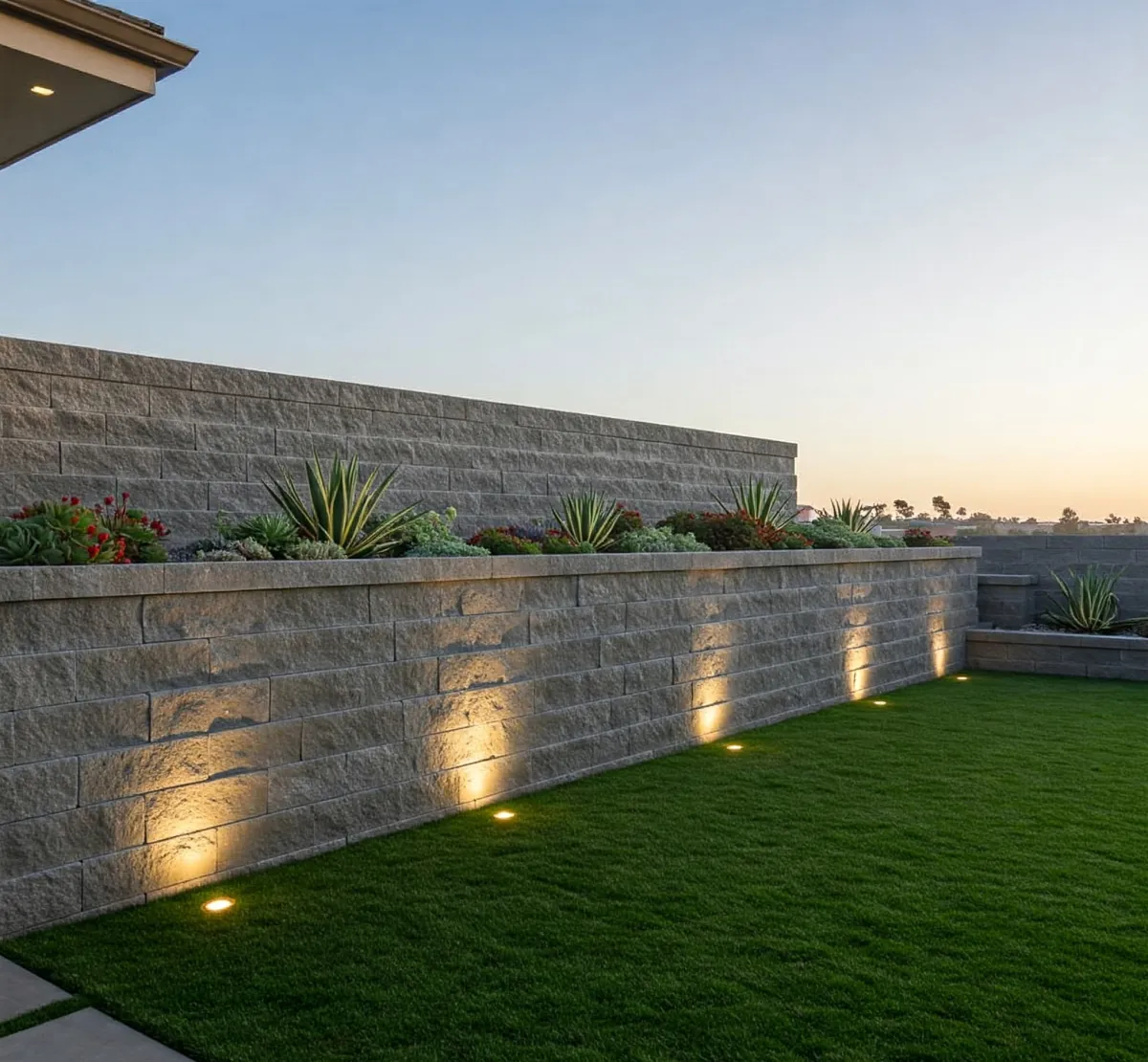 Modern concrete retaining wall in Encinitas, CA with built-in uplighting to enhance landscape textures and provide ambient evening illumination – custom hardscape by Timeless Design and Build.