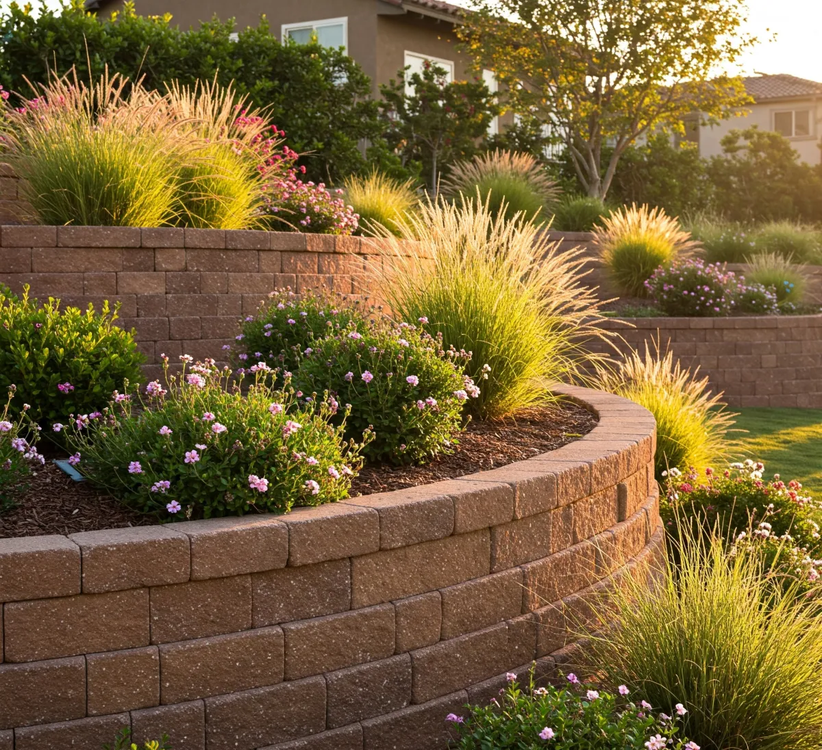 Tiered retaining wall with curved stone finishes and lush ornamental grasses in Rancho Santa Fe, CA – multi-level garden solution for sloped yards by Timeless Design and Build.