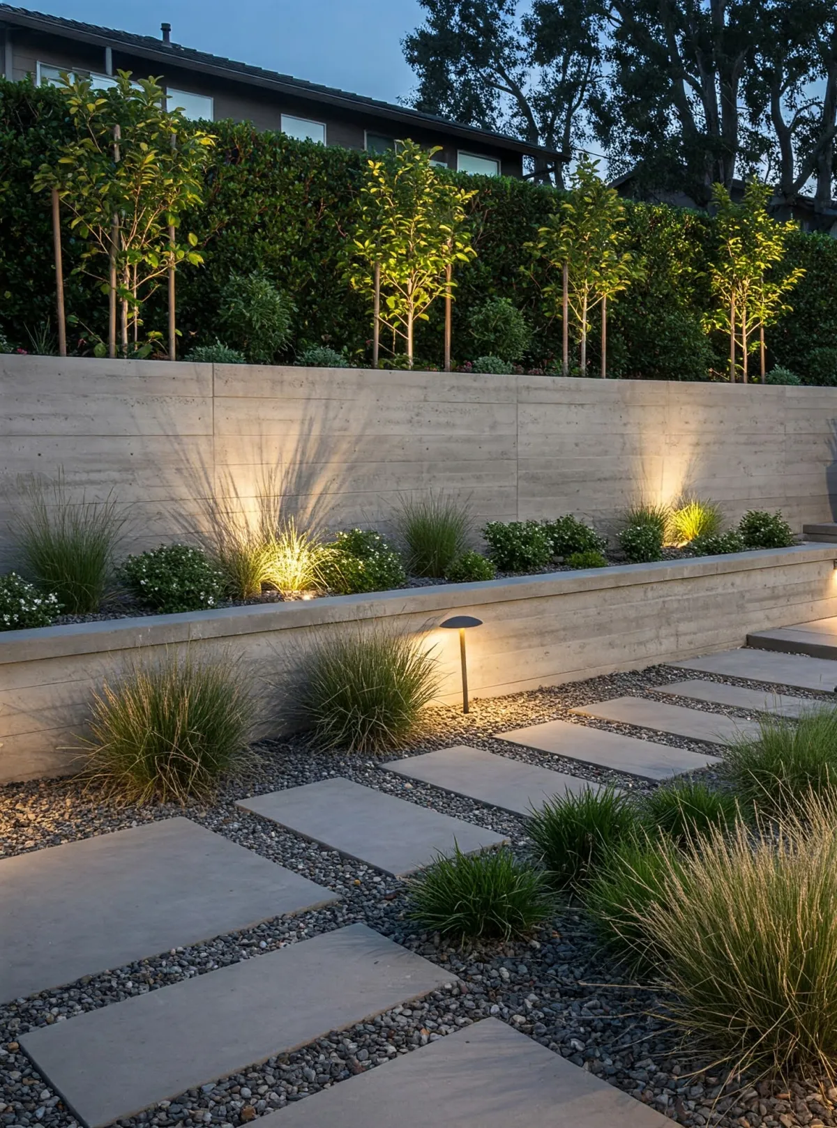 Refined concrete block retaining wall with built-in planter beds and integrated lighting in San Marcos, CA – low-maintenance backyard upgrade by Timeless Design and Build.