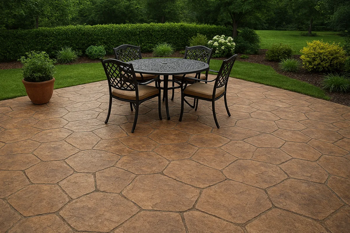 Amazing decorative concrete patio with custom brown colored concrete finish