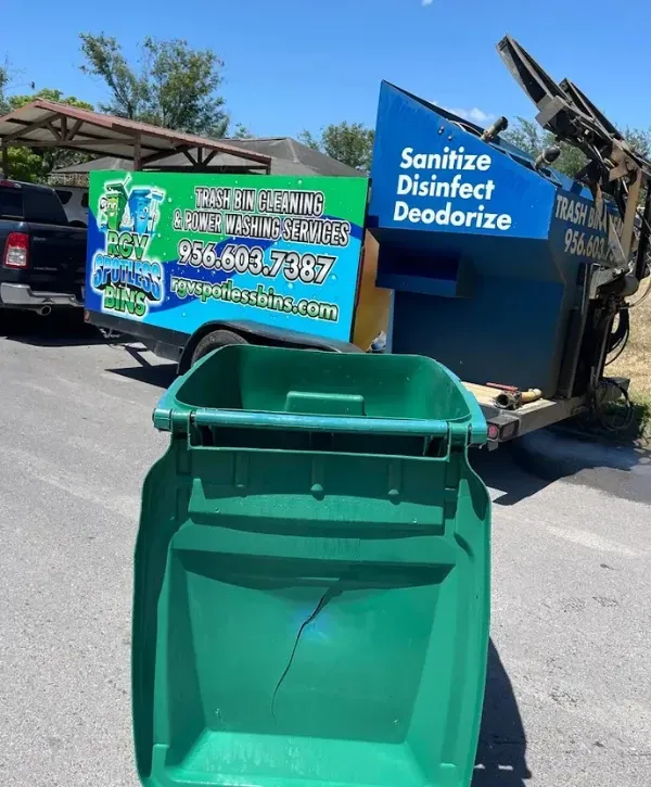 Inside view of trash bin cleaning system with high-pressure washing equipment