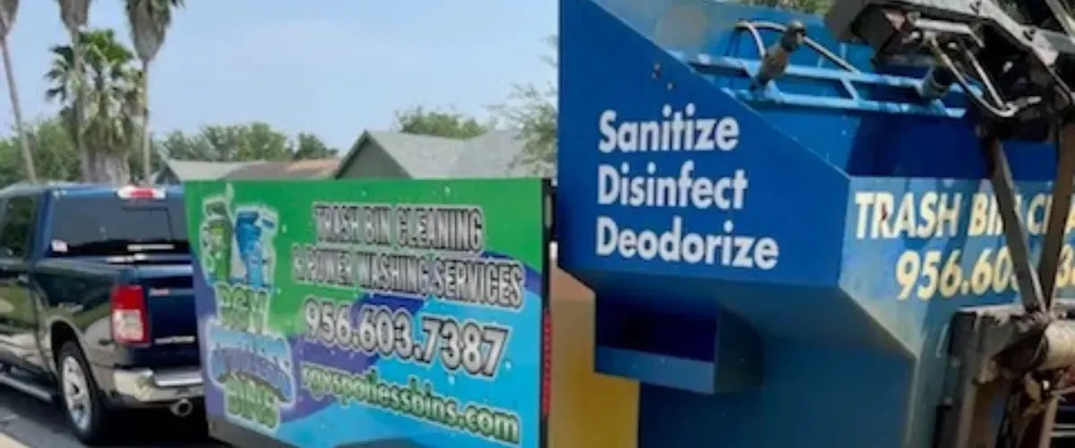 Clean blue trash bin after pressure washing and deodorizing service