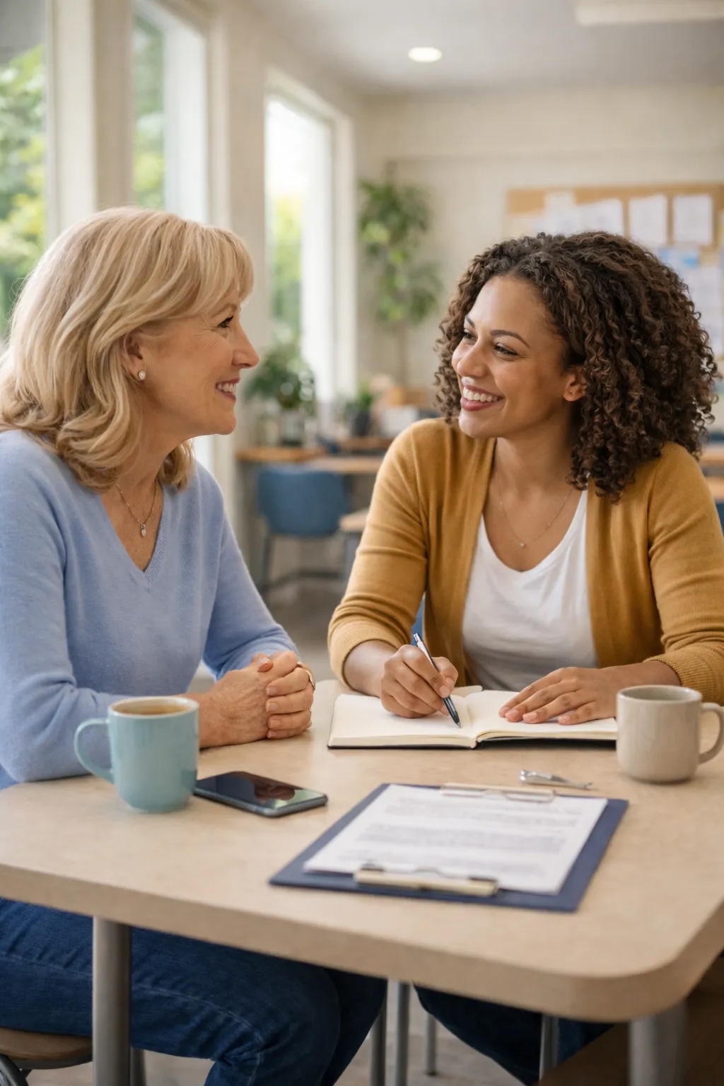 Two women discussing nonprofit community support services during a consultation meeting