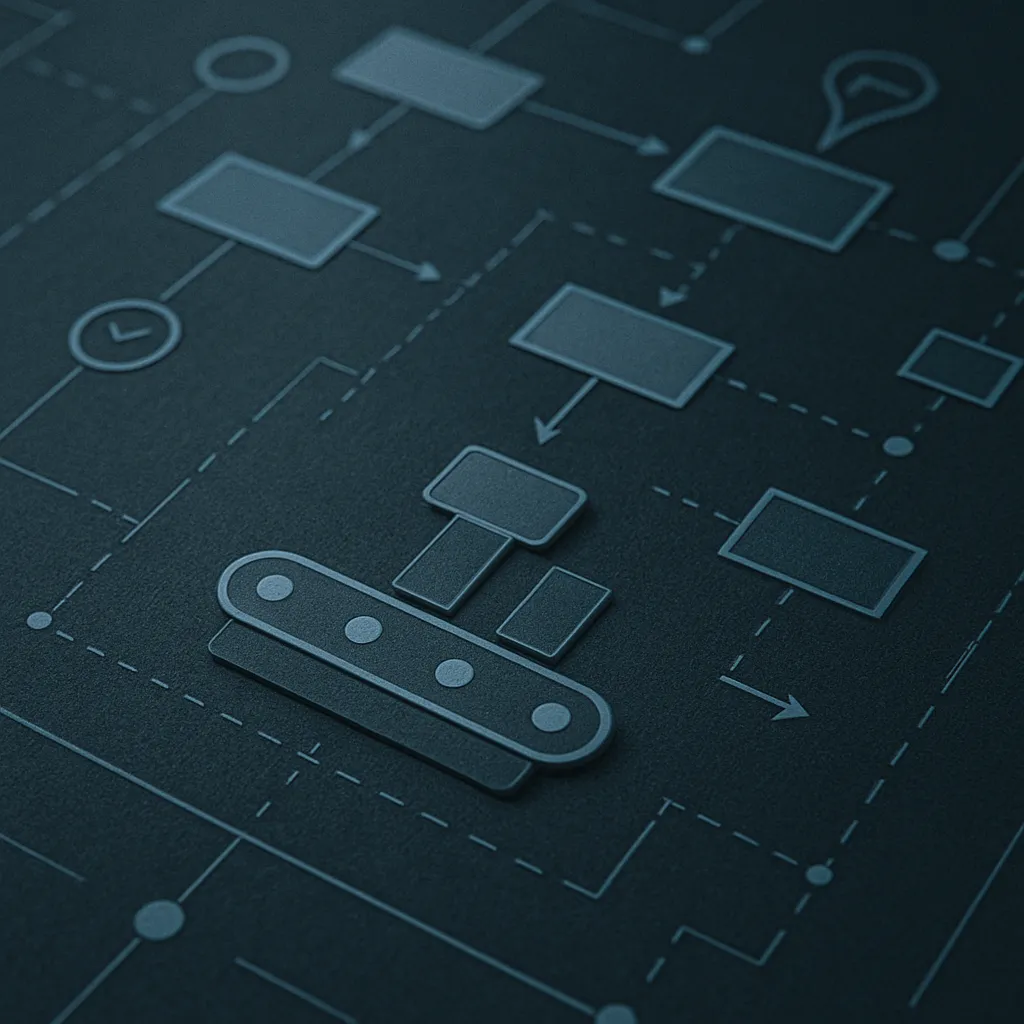 Process flowchart with conveyor-style elements on a dark interface background, symbolizing automated workflows and systemized deployment of business operations.