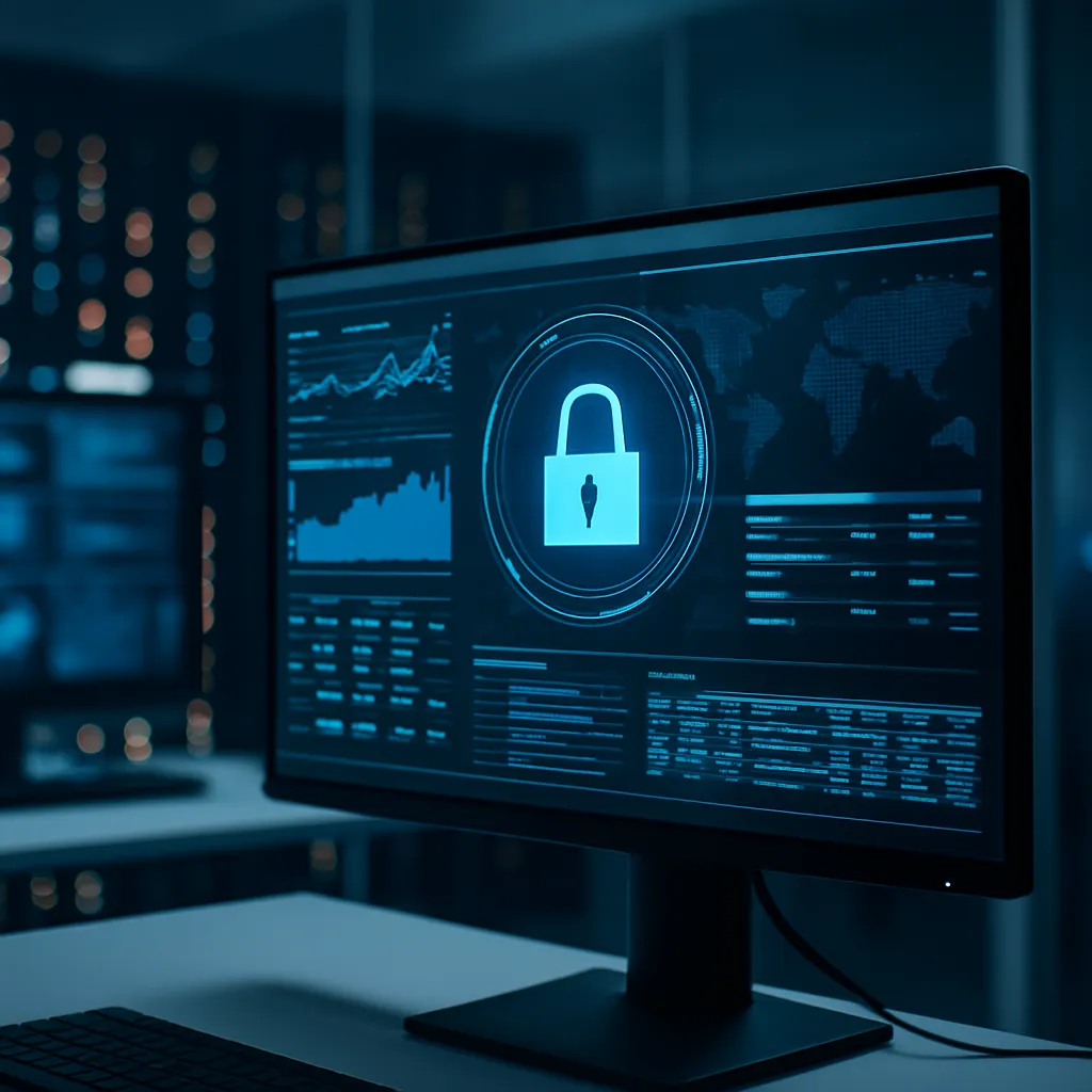Cybersecurity control room with a close-up of a digital monitor displaying a data protection dashboard, lock icon, and analytics visualizations—representing internal system monitoring and operational oversight.