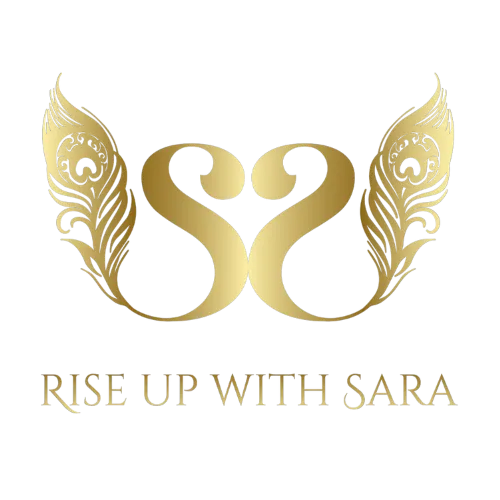 A gold logo that states RISE UP WITH SARA with the letter S mirrored to look like two peacocks facing each other to form a heart with their heads