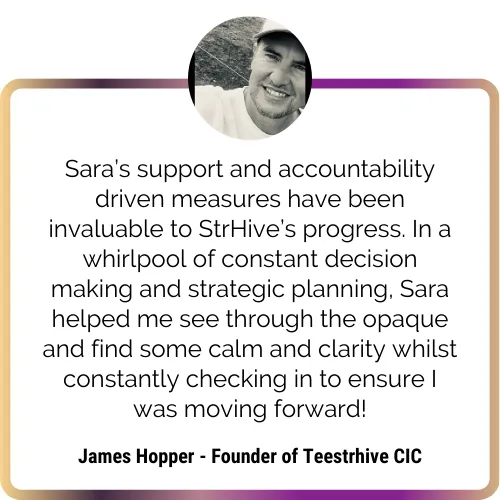 Photo of James Hopper, founder of TeesStrhrive CIC, smiling and providing a testimonial about Sara Noel's services, emphasizing the transformative impact and support received.