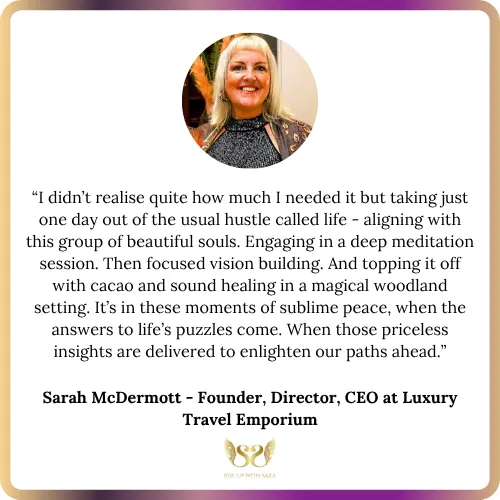 Portrait of Sarah McDermott, Founder and CEO at Luxury Travel Emporium, giving a testimonial about Sara Noel’s coaching and vision-building sessions