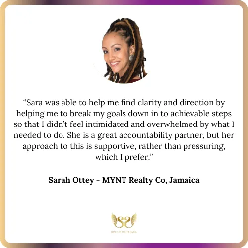 Sandy Robson testimonial praising Sara’s coaching for helping define, strategize, and launch her idea, calling it the best business decision she’s ever made.