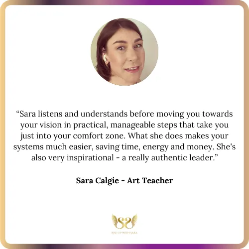 Portrait of Sara Calgie, Art Teacher, giving a testimonial about Sara Noel’s inspirational leadership and practical business systems
