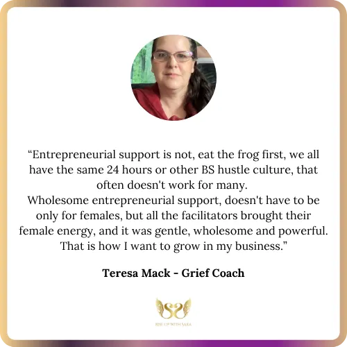 Portrait of Sara Calgie, Art Teacher, giving a testimonial about Sara Noel’s inspirational leadership and practical business systems