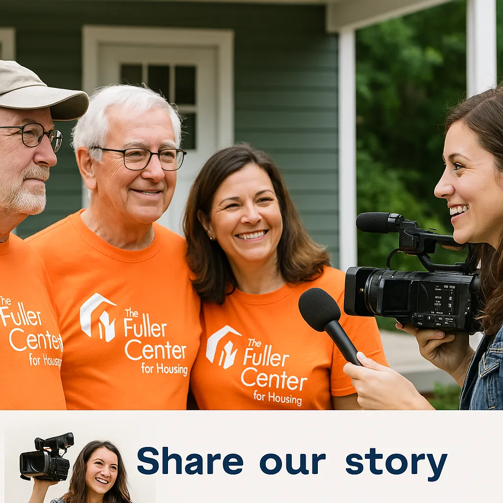 Four Fuller Center for Housing volunteers in orange shirts smiling and celebrating after completing a project, symbolizing the power of community stories.