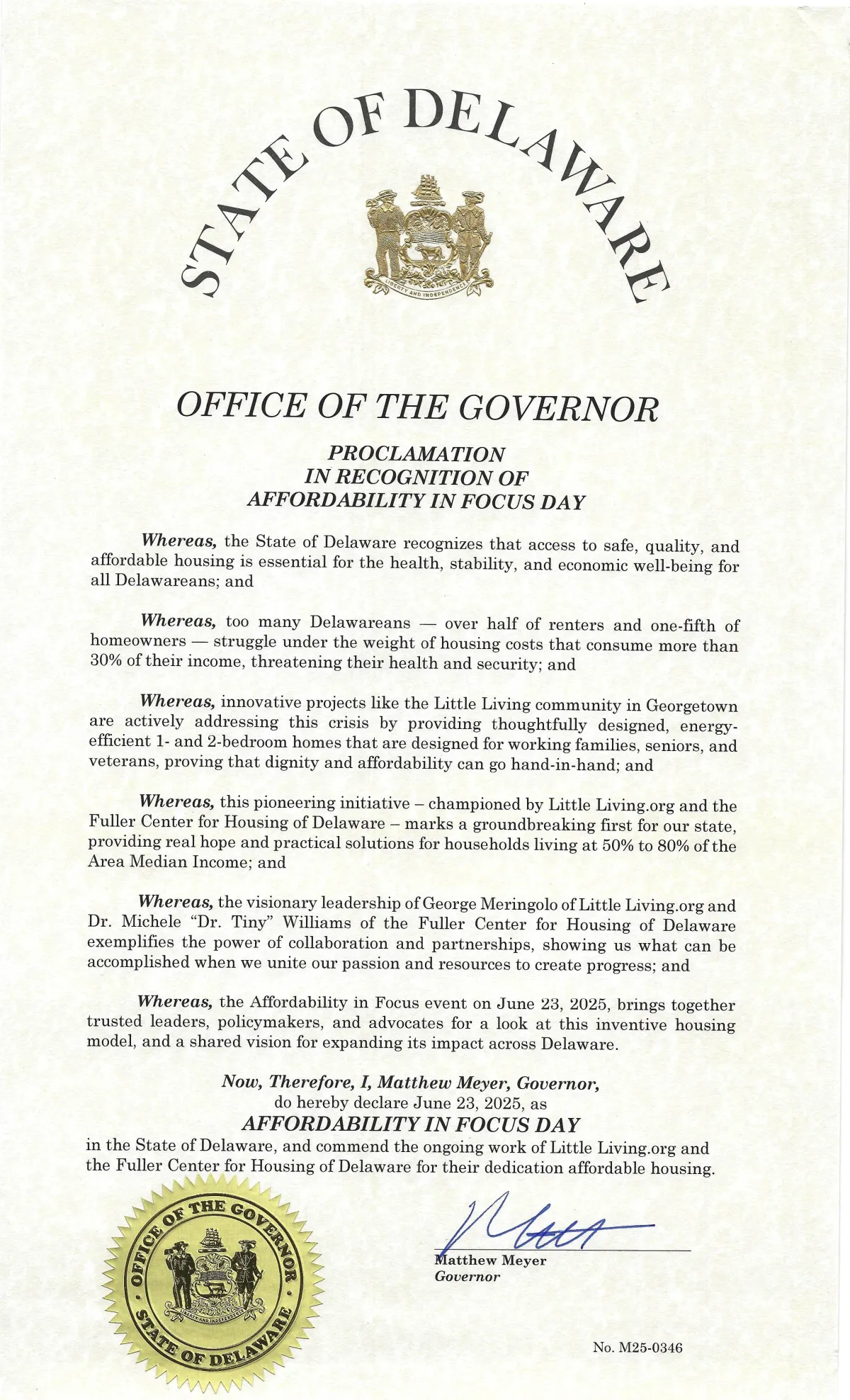 State of Delaware Proclamation in Recognition of Affordability in 