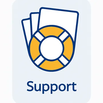 Flat icon of a yellow and navy lifebuoy with document sheets in the background, symbolizing customer support.