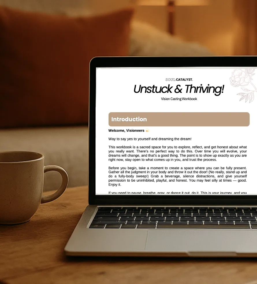 A modern, clean flat-lay of an open eBook with warm neutral tones, a cup of coffee, and a notepad on a light wooden table. The scene is inviting, uncluttered, and styled for a personal growth audience.