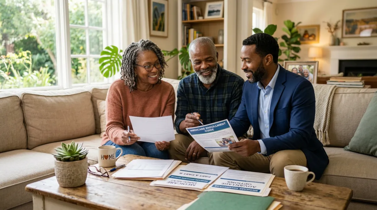 Georgia seniors reviewing Medicare Parts A, B, C, and D guide with an advisor